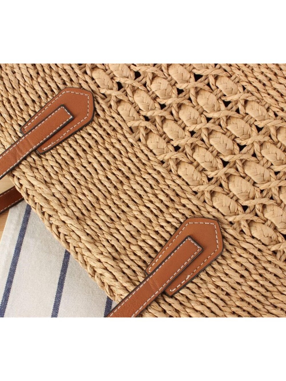Womens Straw Tote Handbag - Summer Beach Bag with Top Handle - Handwoven Shoulde - Picture 7 of 7
